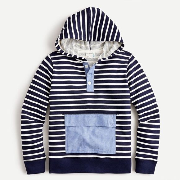 J.CREW CREWCUTS FRENCH TERRY HOODIE IN NAVY 7 WHITE STRIPE BIG BOYS SIZE XL - Picture 1 of 3